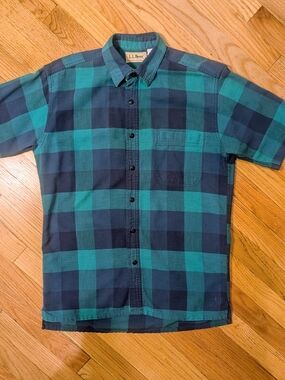 Vintage L.L.Bean Cool Weave Plaid Shirt Unisex S/M Teal Navy Short Sleeve 80s